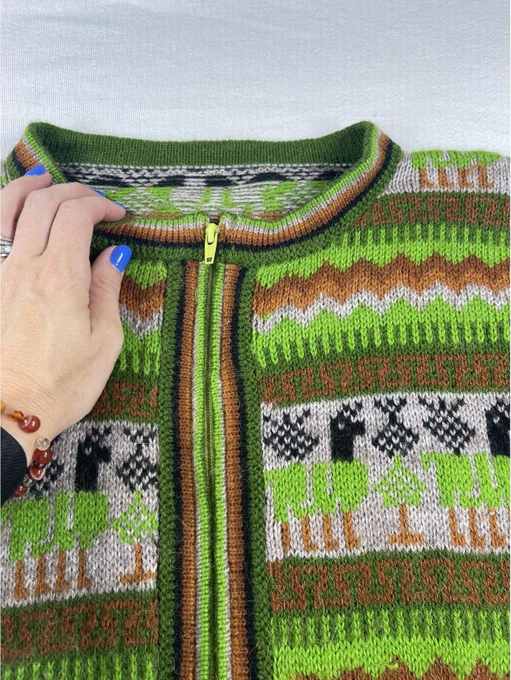 READ handmade Alpaca Zip Front Cardigan Women Sweater Llama Green Brown Ecuador - Picture 6 of 10